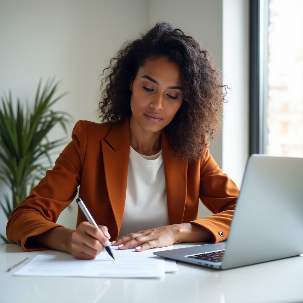 Professionista che lavora su un piano di sviluppo personalizzato, tavolo con fogli e laptop, luce naturale