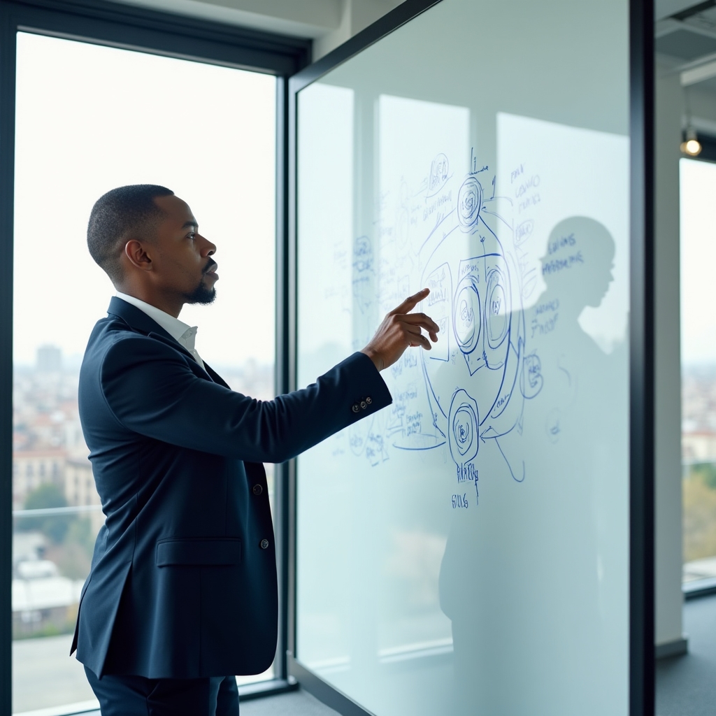 Professionista di fronte a un diagramma di competenze su lavagna digitale, espressione concentrata e determinata
