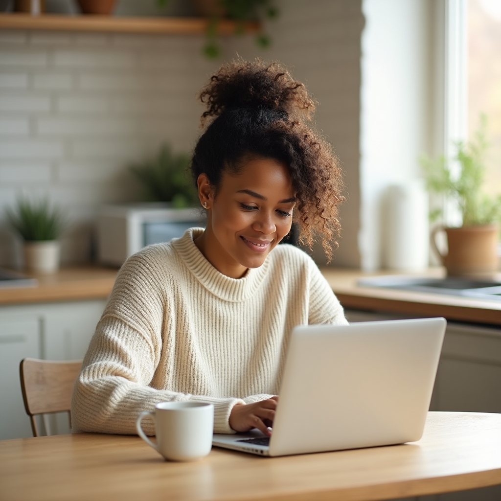 Madre che lavora da remoto con serenità, laptop aperto, ambiente domestico luminoso