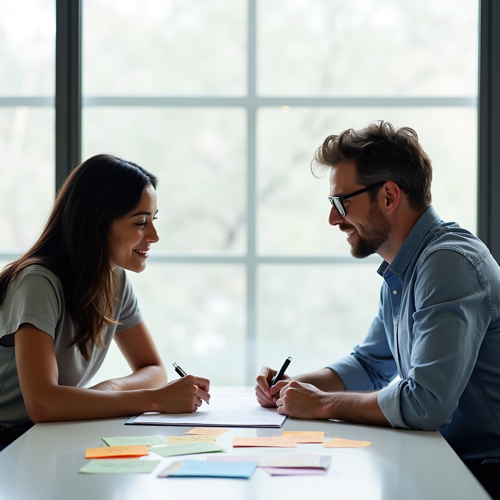 Due persone che collaborano su un piano formativo personalizzato, post-it colorati su una superficie bianca luminosa