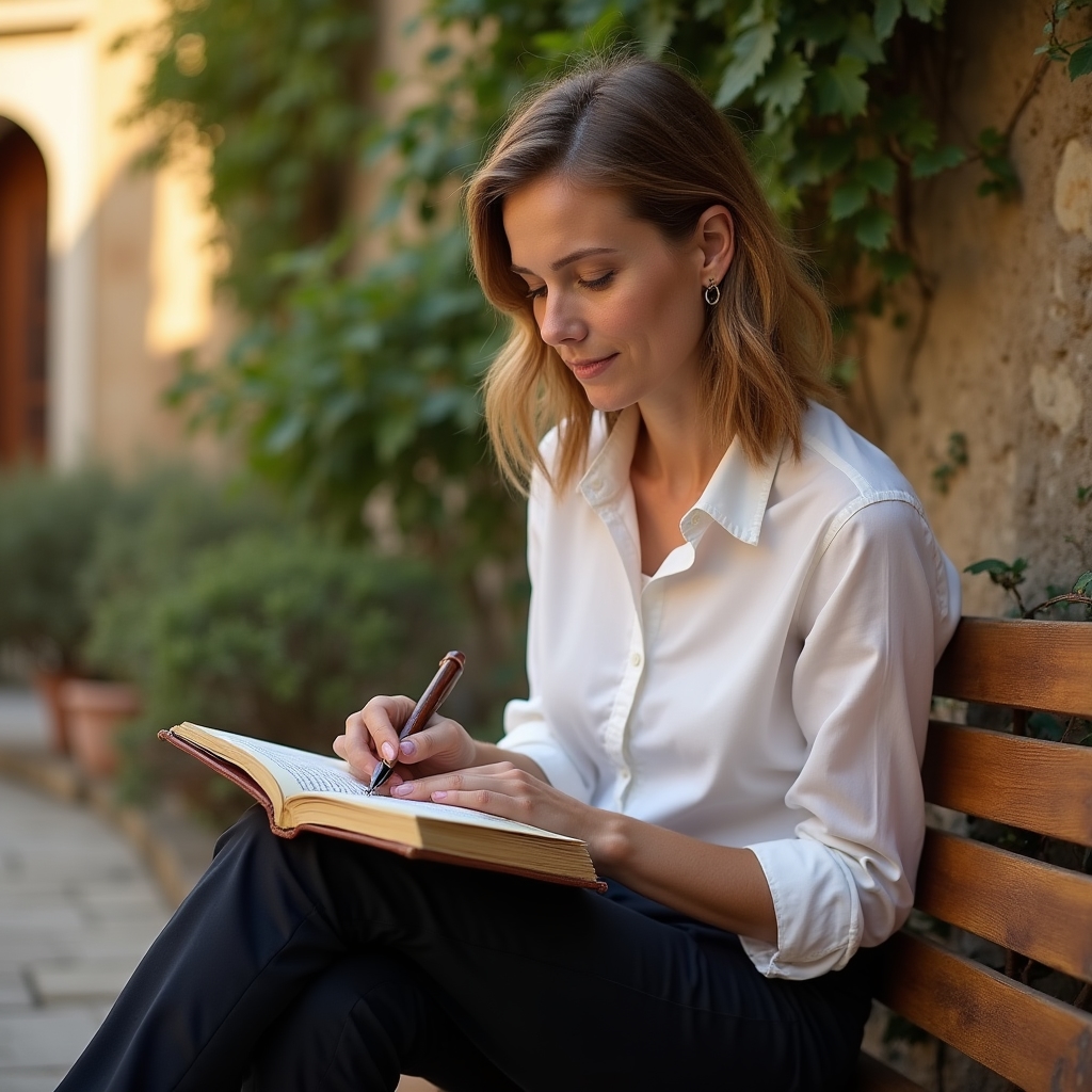 Persona che scrive in un diario all'aperto, luce naturale calda, espressione riflessiva e serena